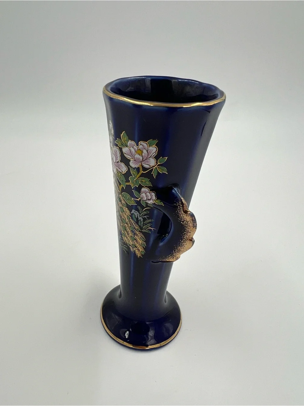 Vintage Cobalt Blue Peacock & Floral Gold Accents Bud Vase Japan 4.75” Tall